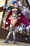  boots breasts building cape cleavage day dutch_angle feathers frilled_skirt frills gyakushuu_no_fantasica hat high_heel_boots high_heels highres large_breasts outdoors puffy_sleeves rapier ryuki@maguro-ex sheath sheathed silver_hair skirt solo sword weapon wind 