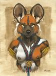  2017 african_wild_dog anthro big_ears black_nose blonde_hair breasts canine clothed clothing ear_piercing female hair jewelry looking_at_viewer lycaon mammal necklace nipples nude piercing portrait scale_(artist) shell small_breasts smile solo topless traditional_media_(artwork) tribal utunu yellow_eyes 