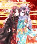  :q abstract_background arm_around_shoulder black_hair blue_eyes blue_nails blush bow brown_hair choko_(cup) commentary_request cup egasumi flower hair_bow hair_flower hair_ornament highres himemurasaki japanese_clothes kashuu_kiyomitsu kimono looking_at_viewer male_focus mole mole_under_eye mole_under_mouth multiple_boys nail_polish open_mouth red_eyes red_nails scarf smile tongue tongue_out touken_ranbu yamato-no-kami_yasusada 
