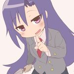  bad_id bad_pixiv_id blue_hair blush eyebrows_visible_through_hair finger_to_mouth goshiki_agiri holding holding_weapon index_finger_raised kill_me_baby kunai long_hair long_sleeves looking_at_viewer necktie okayparium open_mouth purple_eyes red_neckwear school_uniform smile solo weapon 