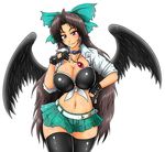  belt black_gloves black_hair black_legwear black_wings bow breasts choker cleavage collarbone collared_shirt commentary_request contrapposto curvy feathered_wings fingerless_gloves front-tie_top gloves green_skirt hair_bow hand_on_hip jewelry large_breasts long_hair microskirt midriff navel necklace pleated_skirt red_eyes reiuji_utsuho shirt skirt sleeves_rolled_up smile solo standing tasuro_kuzuha thighhighs tied_shirt touhou very_long_hair white_shirt wings 