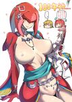  1boy 1girl breasts commentary heart highres large_breasts link looking_at_viewer mipha monster_girl navel nipples nuezou older simple_background smile spoken_ellipsis sword the_legend_of_zelda the_legend_of_zelda:_breath_of_the_wild thighs translated weapon white_background wide_hips yellow_eyes zora 