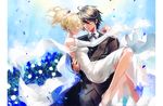  1girl 2900cm bare_shoulders barefoot black_hair blonde_hair carrying closed_eyes couple dress final_fantasy final_fantasy_xv floral_background flower hetero lunafreya_nox_fleuret noctis_lucis_caelum ponytail princess_carry smile vest 