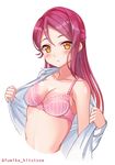  :&lt; blouse blush bra breasts cleavage collarbone hair_between_eyes hair_ornament hair_strand hairclip hitotose_fumika lingerie long_hair long_sleeves looking_at_viewer love_live! love_live!_sunshine!! medium_breasts open_blouse open_clothes pink_bra red_hair sakurauchi_riko simple_background solo stomach twitter_username underwear undressing upper_body white_background yellow_eyes 