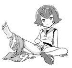  1girl bar_censor bare_arms bare_legs barefoot censored feet full_body hairband half-closed_eyes heriyama leg_lift naughty_face no_panties one-piece_swimsuit pants_around_one_leg pointless_censoring pokemon pokemon_(game) pokemon_sm presenting pussy pussy_juice sandals shirt short_hair simple_background sitting sleeveless sleeveless_shirt small_breasts smile smug solo spread_legs spread_pussy suiren_(pokemon) swimsuit swimsuit_under_clothes trial_captain white_background 