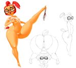  anthro anus avian beak big_butt bird blush breasts brown_eyes butt chicken clothing danger_mouse_(series) eyes_closed eyewear feathers female glasses huge_butt ipan nipples nude panties panties_around_one_leg presenting presenting_hindquarters professor_squawkencluck pussy red_feathers shirt smile solo thick_thighs underwear wide_hips 