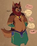  2016 anthro canine clothed clothing dad_joke dialogue english_text fluff-kevlar fur hair jackal male mammal open_mouth profanity simple_background slightly_chubby smile solo standing text tongue topless 