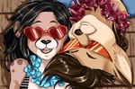  ambiguous_gender anthro bikini canine clothing duo eyewear feline female fur hair mammal mishabahl smile sunglasses swimsuit 