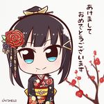  artist_name black_hair blue_eyes chibi chroneco commentary flower japanese_clothes kimono kurosawa_dia love_live! love_live!_sunshine!! mole mole_under_mouth new_year red_flower red_rose rose solo translated 