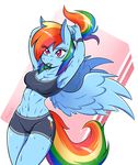  2017 ambris anthro anthrofied armpits blue_feathers bra breasts cleavage clothed clothing cutie_mark equine eyelashes feathered_wings feathers female friendship_is_magic hair hi_res mammal midriff mouth_hold multicolored_hair multicolored_tail muscular muscular_female my_little_pony navel pegasus pink_eyes rainbow_dash_(mlp) rainbow_hair rainbow_tail shorts solo sports_bra sweat sweatband underwear wings 