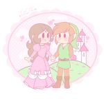  1boy 1girl bangs blush brown_hair castle dress elf hand_behind_back hearts holding_hand link long_hair long_sleeves nintendo pink_dress pointy_ears princess_zelda short_hair smile the_legend_of_zelda tiara zelda_ii:_the_adventure_of_link 