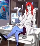  ambiguous_gender anthro canine clothed clothing lab_coat looking_at_viewer mammal mishabahl sitting smile solo 