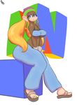  anthro big_breasts big_butt blonde_hair breasts butt cleavage clothed clothing donkey_kong_(series) ear_piercing eyelashes female footwear hair hat immortalstar mammal monkey nintendo nipple_bulge piercing primate sandals sitting smile thick_thighs tiny_kong video_games 