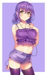  bare_shoulders blouse blush bracelet breasts brown_eyes cleavage cowboy_shot digital_media_player earphones frills gan_(shanimuni) groin hand_on_own_chest highres jewelry large_breasts looking_at_viewer midriff original parted_lips purple purple_background purple_hair purple_legwear short_twintails shorts simple_background solo spaghetti_strap standing thighhighs twintails 