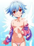  1girl blue_background blue_hair blush breasts feathers female gradient gradient_background hair_ornament hairband hawawani long_sleeves looking_at_viewer navel nipples off_shoulder open_clothes open_mouth open_shirt panties red_eyes shirt short_hair small_breasts solo standing striped striped_panties sweater tokyo_libido usahane_air wings 