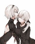  1girl backless_dress backless_outfit breasts choker closed_eyes collarbone couple crying dress eyelashes feather-trimmed_sleeves gloves hair_between_eyes happy_tears hetero highres imminent_kiss juliet_sleeves large_breasts lips long_sleeves nier_(series) nier_automata no_blindfold pale_skin puffy_sleeves shii_(luochen_xi) short_hair simple_background smile tears white_background yorha_no._2_type_b yorha_no._9_type_s 