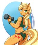  2017 ambris anthro anthrofied applejack_(mlp) blonde_hair bra clothed clothing cutie_mark dumbbell earth_pony equine eyelashes female freckles friendship_is_magic green_eyes hair hi_res horse long_hair mammal muscular muscular_female my_little_pony panties pony solo sports_bra sweat sweatband underwear weights 