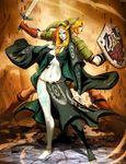  1girl anklet back-to-back barefoot blonde_hair blue_eyes breasts breasts_apart covered_nipples front_ponytail genzoman hood jewelry link long_hair master_sword midna midna_(true) orange_hair pelvic_curtain pointy_ears revision shield slender smile spoilers sword the_legend_of_zelda the_legend_of_zelda:_twilight_princess weapon 