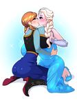  anna_(frozen) breasts disney elsa_(frozen) frozen_(disney) high_heels huge_breasts kiss multiple_girls yuri 