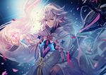  commentary_request fate/grand_order fate_(series) flower highres hood hooded_robe long_hair looking_at_viewer male_focus merlin_(fate) petals purple_eyes solo staff terai_(teraimorimori) upper_body white_hair white_robe 