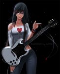  artist_name black_background black_hair blue_eyes collarbone contrapposto directional_arrow electric_guitar gibson guitar hair_ornament hairclip heart highres instrument jewelry jewelry_removed ku1ths midriff necklace necklace_removed off-shoulder_shirt original sg shirt solo standing 