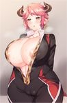  areola_slip areolae bodysuit breasts bursting_breasts cameltoe collarbone covered_nipples curvy earrings eno_yukimi granblue_fantasy horns huge_breasts jewelry parted_lips pink_hair pointy_ears puffy_nipples short_hair solo sturm_(granblue_fantasy) sweat thick_thighs thighs unzipped wide_hips 