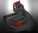  angiewolf anthro black_nose blue_eyes canine feathered_wings feathers fur gradient_background grey_fur hair hybrid kneeling male mammal navel red_hair simple_background solo wings 