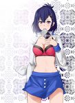  black_hair blush bra breasts card card_in_mouth cleavage gabriel_dropout large_breasts mouth_hold navel open_clothes open_shirt purple_eyes red_bra saruno_(eyesonly712) shirt short_hair skirt solo tsukinose_vignette_april underwear 