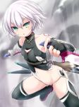  :o bandaged_arm bandages bare_shoulders black_gloves black_legwear black_panties dagger dual_wielding fate/apocrypha fate_(series) fingerless_gloves gloves green_eyes hair_between_eyes highres holding holding_weapon jack_the_ripper_(fate/apocrypha) looking_at_viewer nanaume_(shichimi_tougarashi) navel panties scar scar_across_eye short_hair silver_hair single_glove solo stomach thighhighs underwear v-shaped_eyebrows weapon 