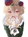  blonde_hair blood cranberry_(mahoiku) elf finger_licking flower frills head_wreath highres licking magical_girl mahou_shoujo_ikusei_keikaku mahou_shoujo_ikusei_keikaku_unmarked pink_eyes pointy_ears ramune_(ramuuu_maro) red_eyes rose short_hair solo vampire 