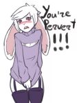  anthro blush clothed clothing crossdressing embarrassed english_text lagomorph looking_at_viewer male mammal mishabahl nipples rabbit solo standing text 