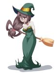  1girl :p asui_tsuyu bags_under_eyes bare_arms bare_shoulders blush_stickers boku_no_hero_academia breasts broom cheesoart cleavage closed_mouth collarbone dress full_body fusion green_dress hat little_witch_academia long_dress long_hair long_tongue looking_at_viewer medium_breasts purple_hair solo standing strapless strapless_dress sucy_manbavaran tied_hair tongue tongue_out transparent_background witch_hat 