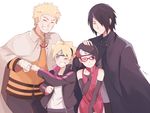  3boys bandaged_arm bandages black_hair blonde_hair boruto:_naruto_the_movie cloak father_and_daughter father_and_son fist_bump forehead_protector glasses grin jacket mei_(maysroom) multiple_boys naruto naruto_(series) one_eye_closed petting red-framed_eyewear smile track_jacket uchiha_sarada uchiha_sasuke uzumaki_boruto uzumaki_naruto white_background 