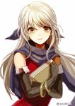 2900cm book bow cape european_clothes fire_emblem fire_emblem:_akatsuki_no_megami hair_bow hair_ribbon holding long_hair looking_at_viewer micaiah ribbon silhouette simple_background smile solo white_background yellow_eyes 