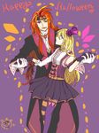  1boy 1girl blonde_hair blue_eyes breasts coat collet_brunel cravat frills gloves halloween hat headband jewelry long_hair open_mouth pants purple_background purple_eyes red_hair ribbon skirt suit tales_of_(series) tales_of_symphonia thighhighs zelos_wilder 