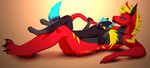 2015 5_fingers angiewolf anthro black_fur blonde_hair blue_hair blue_nose digitigrade duo fur hair lying male red_fur simple_background solo 