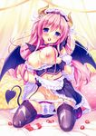  absurdres apron apron_lift bare_shoulders bed_sheet black_legwear blush boku_to_koi_suru_ponkotsu_akuma. breast_lift breasts cream curtains demon_girl demon_horns demon_tail demon_wings detached_sleeves food food_in_mouth fruit garter_straps hair_ribbon highres horns huge_filesize kiritani_riria kneeling large_breasts long_hair looking_at_viewer maid_headdress midriff navel nipples panties panty_pull pink_hair purple_eyes ribbon sayori skirt skirt_lift solo strawberry tail thighhighs underwear waist_apron wet wet_clothes wet_panties white_panties wings wrist_cuffs 