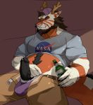  2019 alcohol anthro balls beverage biceps clothed clothing digital_drawing_(artwork) digital_media_(artwork) dragon erection fur hi_res humanoid_penis kenzo looking_at_viewer male muscular muscular_male pecs penis piercing rsotot scalie simple_background smile solo 