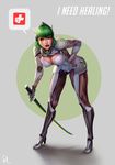  adapted_costume armor bad_artstation_id bad_id bent_over bodysuit breasts circle cleavage commentary cyborg english full_body genderswap genderswap_(mtf) genji_(overwatch) green_eyes green_hair grey_background helmet holding holding_sword holding_weapon katana large_breasts leaning_forward long_hair looking_at_viewer open_mouth overwatch ponytail power_armor raphire red_lips shadow signature simple_background solo speech_bubble sword weapon 