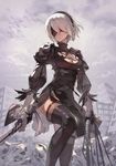  absurdres black_dress blindfold boots breasts cleavage cleavage_cutout cloud cloudy_sky dress feather-trimmed_sleeves hairband highres katahira_(hiyama) katana medium_breasts nier_(series) nier_automata ruins sky solo sword thigh_boots thighhighs weapon white_hair yorha_no._2_type_b 