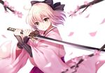  ahoge arm_guards armor bangs black_bow blonde_hair blurry bow cherry_blossoms closed_mouth depth_of_field eyebrows_visible_through_hair fate_(series) floating_hair hair_between_eyes hair_bow hakama half_updo harimoji holding holding_sword holding_weapon japanese_armor japanese_clothes katana kimono koha-ace kote kurokote looking_at_viewer okita_souji_(fate) okita_souji_(fate)_(all) petals pink_kimono pleated_skirt purple_skirt short_hair simple_background skirt smile solo sword upper_body weapon white_background wide_sleeves yellow_eyes 