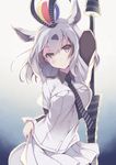  animal_ears antenna_hair arabian_oryx_(kemono_friends) arm_behind_head blush closed_mouth commentary_request grey_hair highres horn_lance itoichi. kemono_friends necktie object_on_head oryx_ears purple_eyes short_hair skirt solo striped striped_neckwear tail weapon white_skirt 