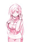  blush breasts cleavage cleavage_cutout hair_over_one_eye monochrome open_mouth pink skirt sweater tales_of_(series) tales_of_the_abyss tear_grants very_long_hair 