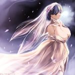  bare_shoulders blue_hair breasts brown_eyes cleavage dress earrings highres huge_breasts jewelry kantai_collection kantori light_smile short_hair solo ushio_(kantai_collection) veil 
