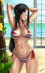  absurdres arms_up beach bikini black_hair blue_eyes breasts cowboy_shot day glasses highres hip_bones large_breasts lips long_hair looking_to_the_side mouth_hold navel original rubber_band side-tie_bikini solo standing striped striped_bikini swimsuit tan_(knock_up) underboob volleyball_net 