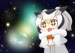  :d black_hair chaki_(teasets) chicken_(food) coat commentary_request floating_hair food food_on_face fur_collar hair_between_eyes head_wings highres holding holding_food kemono_friends long_sleeves meme multicolored_hair northern_white-faced_owl_(kemono_friends) open_mouth parody smile solo space space_cat_(meme) sparkling_eyes star_(sky) white_hair wings 
