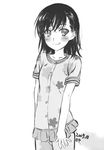  2009 artist_name blush closed_mouth collarbone dated floral_print frills greyscale highres looking_at_viewer misaka_mikoto monochrome pajamas short_hair signature sketch smile solo tanaka_yuuichi to_aru_kagaku_no_railgun to_aru_majutsu_no_index 