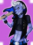  anthro clothed clothing collar fishnet guitar looking_at_viewer male mammal mishabahl musical_instrument mustelid open_jacket otter smile solo 