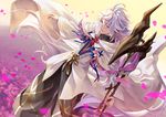  commentary_request fate/grand_order fate_(series) hood long_hair male_focus merlin_(fate) ne-on open_mouth petals purple_eyes robe smile solo staff white_hair wide_sleeves 
