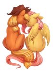  applejack_(mlp) audrarius blonde_hair cutie_mark duo equine eyes_closed feathered_wings feathers female feral fluttershy_(mlp) friendship_is_magic fur hair hat mammal my_little_pony orange_fur pegasus pink_hair simple_background sitting smile white_background wings yellow_feathers yellow_fur 